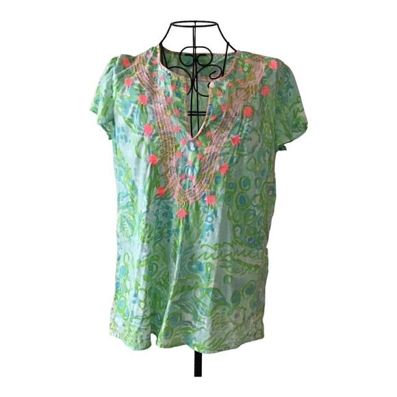 Lilly Pulitzer Cotton Embroidered Under the Sea Short Sleeve Blouse - Picture 2 of 11